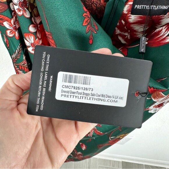 NEW Pretty Little Thing Emerald Green Floral Strappy Satin Cowl Midi Dress - Picture 4 of 9